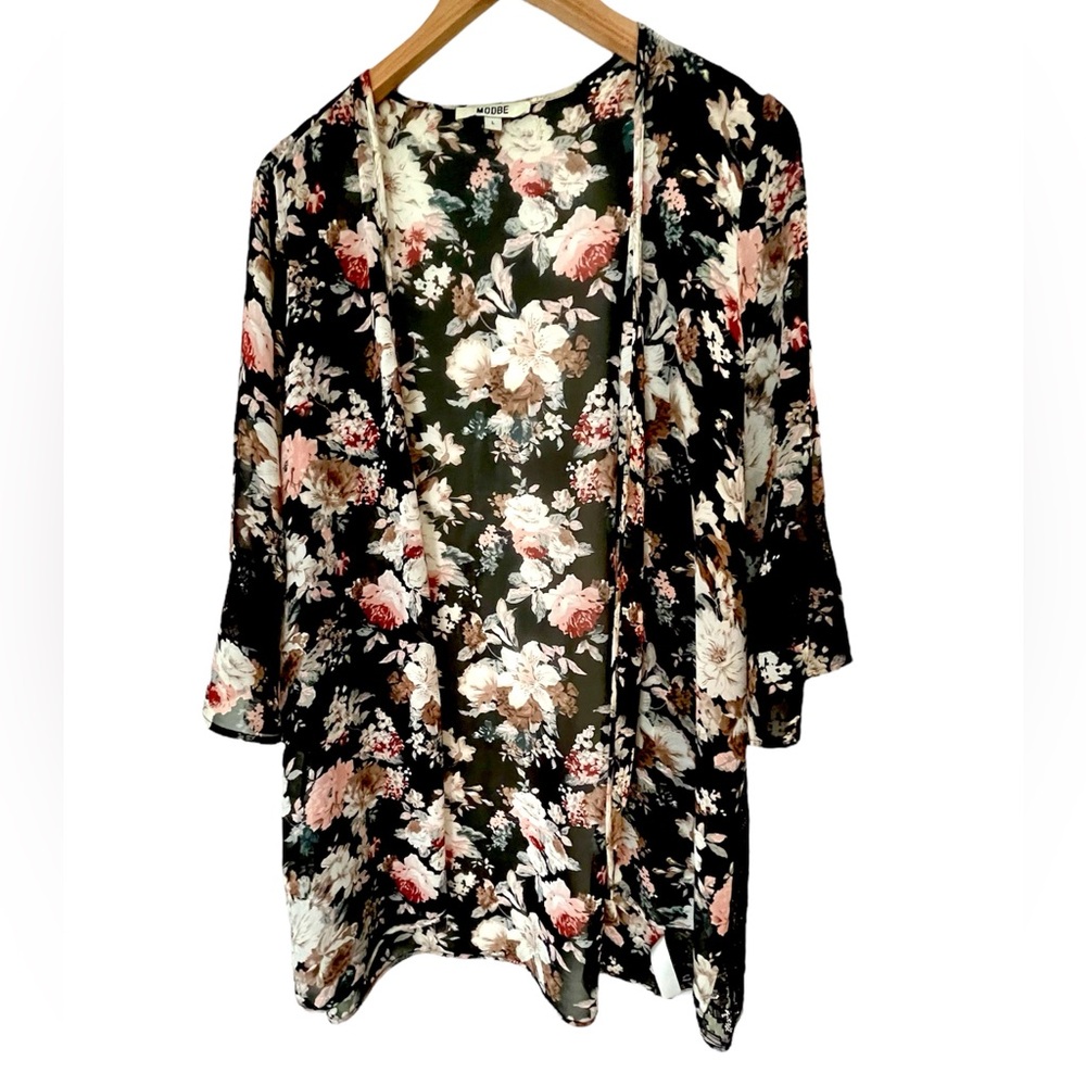 Modbe Dark Floral Kimono Size L Open Cardigan Sheer Boho Festival Whimsigoth